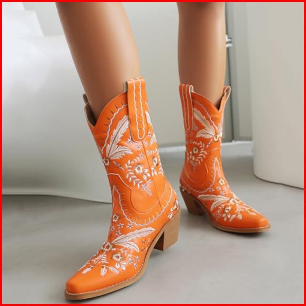 Women's Embroidered Cowboy Boots Pull On Western Boots Chunky Heel - Picture 3 of 6